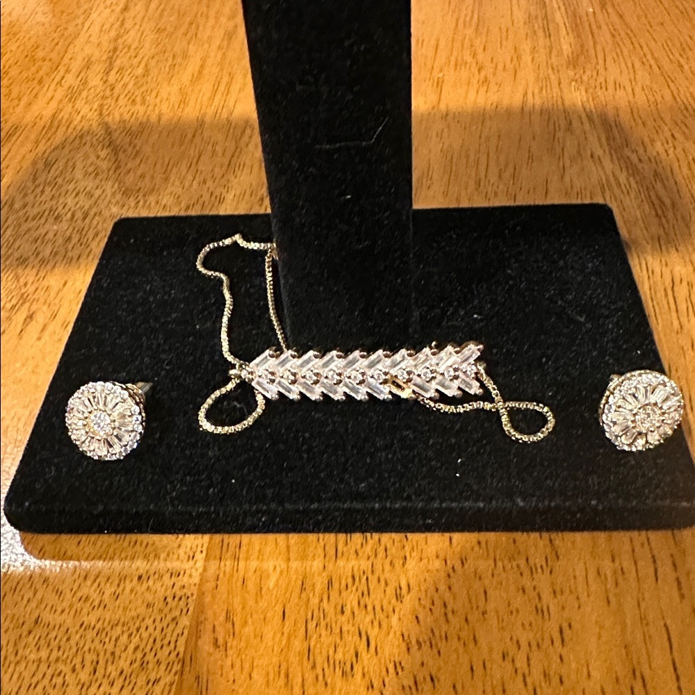 White Crystal Encrusted Round Gold & Silver Stud Earrings w/ Matching Bracelet